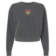 The RVA T.R.C. Women’s Garment-Dyed Mid-Length Crewneck Sweatshirt by EMB S&S Activewear is a dark gray heavyweight fleece featuring long sleeves and a small “RVA TRG RICHMOND” logo in red, yellow, and white on the chest.