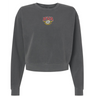 The RVA T.R.C. Women’s Garment-Dyed Mid-Length Crewneck Sweatshirt by EMB S&S Activewear is a dark gray heavyweight fleece featuring long sleeves and a small “RVA TRG RICHMOND” logo in red, yellow, and white on the chest.