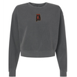 Aging Alabama Rugby Players Women’s Garment-Dyed Mid-Length Crewneck Sweatshirt in charcoal grey heavyweight fleece, featuring a small chest graphic of an Alabama silhouette containing an illustration of a person holding a scythe.