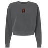 Aging Alabama Rugby Players Women’s Garment-Dyed Mid-Length Crewneck Sweatshirt in charcoal grey heavyweight fleece, featuring a small chest graphic of an Alabama silhouette containing an illustration of a person holding a scythe.