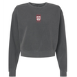 Charcoal heavyweight Legion Academy Women’s Garment-Dyed Mid-Length Crewneck Sweatshirt featuring a red and white “Legion Academy SD” logo on the center chest.
