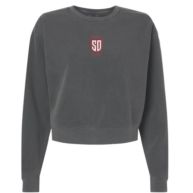 Charcoal heavyweight Legion Academy Women’s Garment-Dyed Mid-Length Crewneck Sweatshirt featuring a red and white “Legion Academy SD” logo on the center chest.