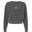Dark gray garment-dyed Rock Rugby Women’s Garment-Dyed Mid-Length Crewneck Sweatshirt featuring a green “Rock Rugby Lions” shield graphic on the chest.