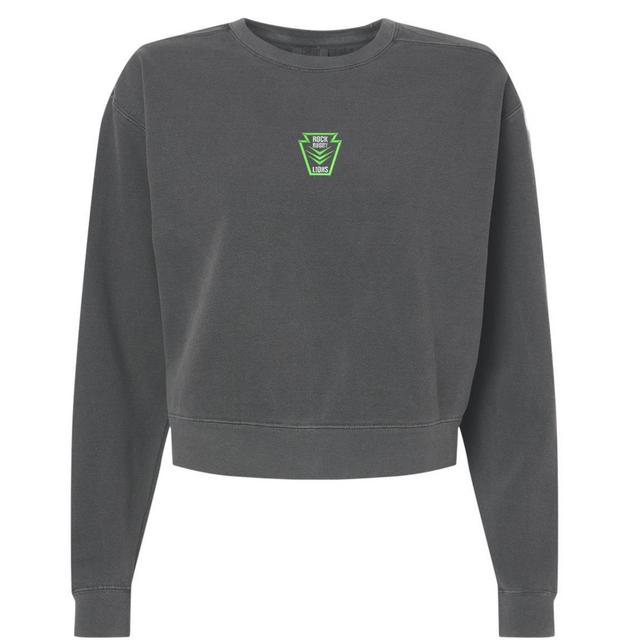 Dark gray garment-dyed Rock Rugby Women’s Garment-Dyed Mid-Length Crewneck Sweatshirt featuring a green “Rock Rugby Lions” shield graphic on the chest.
