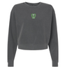 Dark gray garment-dyed Rock Rugby Women’s Garment-Dyed Mid-Length Crewneck Sweatshirt featuring a green “Rock Rugby Lions” shield graphic on the chest.