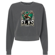 The EMB S&S Activewear Lewis County Elks Women’s Garment-Dyed Mid-Length Crewneck Sweatshirt features a dark gray, heavyweight fleece construction with a mid-length, cropped silhouette. This comfortable and stylish crewneck showcases an elk graphic and “Lewis County Elks Rugby” printed on the front.