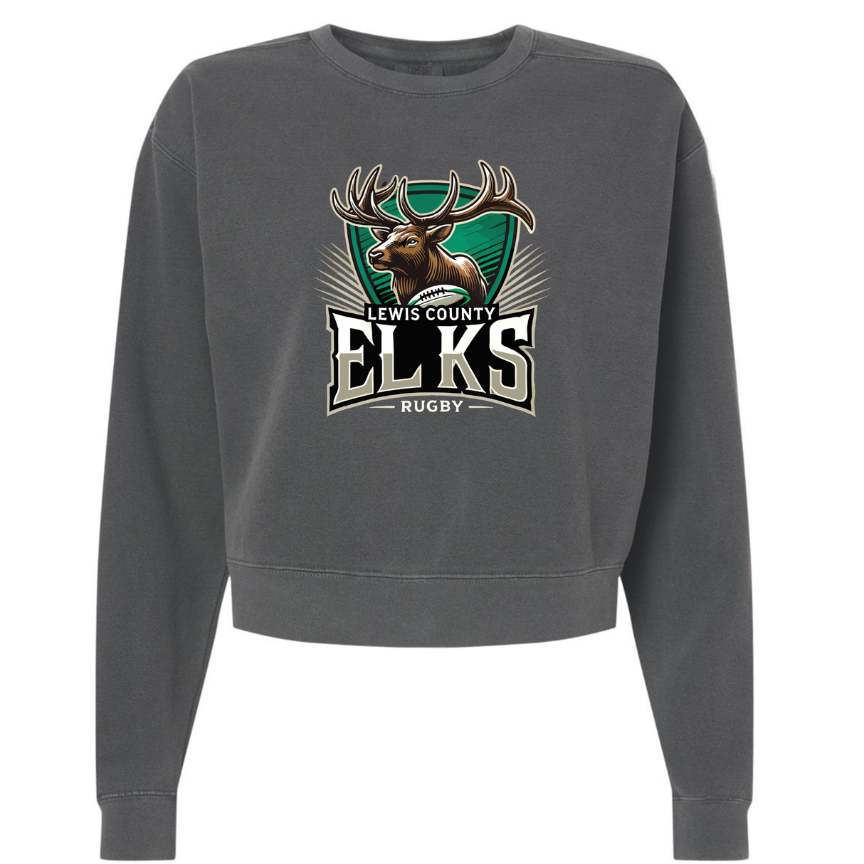 The EMB S&S Activewear Lewis County Elks Women’s Garment-Dyed Mid-Length Crewneck Sweatshirt features a dark gray, heavyweight fleece construction with a mid-length, cropped silhouette. This comfortable and stylish crewneck showcases an elk graphic and “Lewis County Elks Rugby” printed on the front.