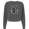 The EMB S&S Activewear Lewis County Elks Women’s Garment-Dyed Mid-Length Crewneck Sweatshirt features a dark gray, heavyweight fleece construction with a mid-length, cropped silhouette. This comfortable and stylish crewneck showcases an elk graphic and “Lewis County Elks Rugby” printed on the front.