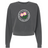 The Society of Iowa Rugby Referees Women’s Garment-Dyed Mid-Length Crewneck Sweatshirt by EMB S&S Activewear features a dark gray design with a circular “Society of Iowa Rugby Referees” logo adorned with pink flowers and green leaves on the chest.
