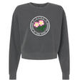 The Society of Iowa Rugby Referees Women’s Garment-Dyed Mid-Length Crewneck Sweatshirt by EMB S&S Activewear features a dark gray design with a circular “Society of Iowa Rugby Referees” logo adorned with pink flowers and green leaves on the chest.