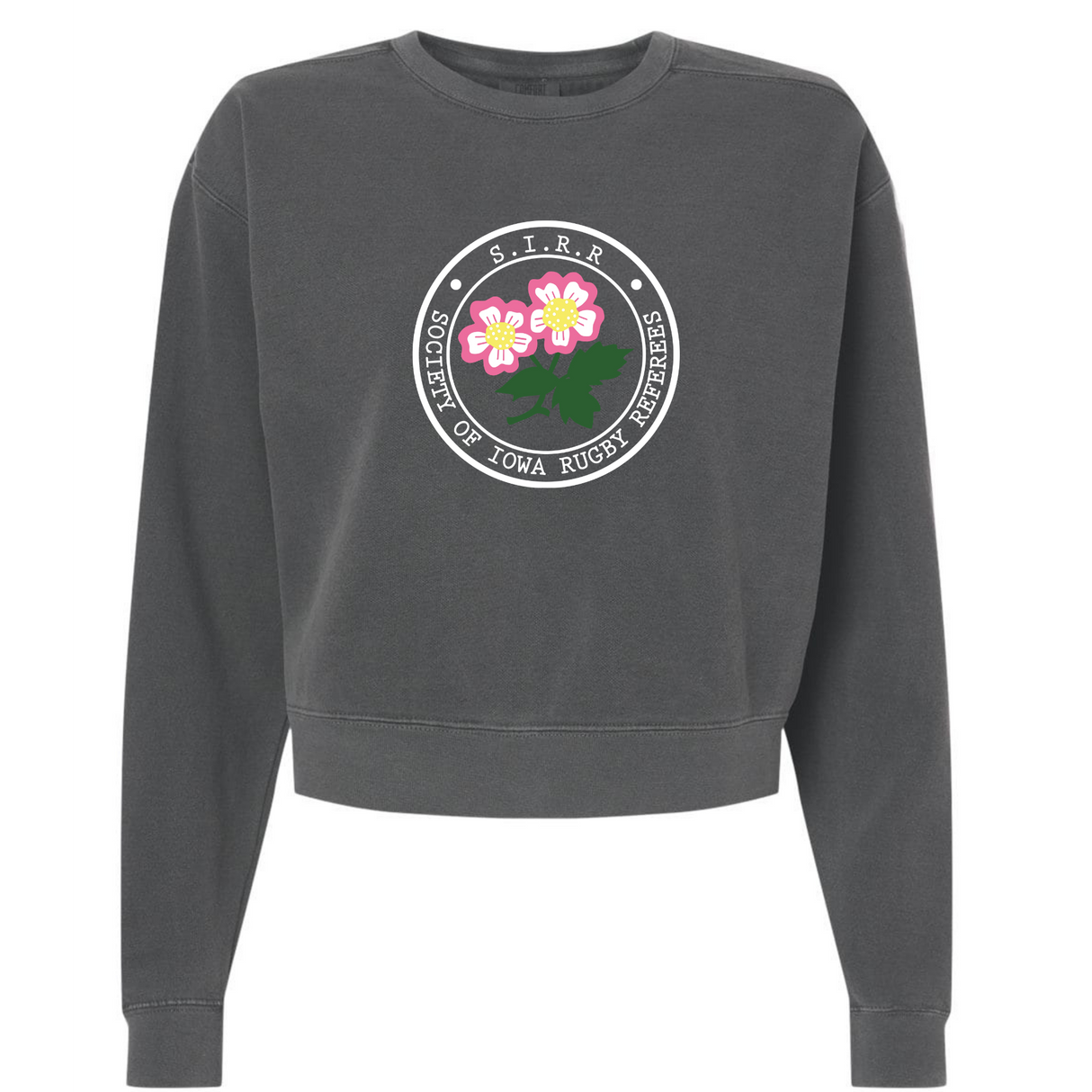 The Society of Iowa Rugby Referees Women’s Garment-Dyed Mid-Length Crewneck Sweatshirt by EMB S&S Activewear features a dark gray design with a circular “Society of Iowa Rugby Referees” logo adorned with pink flowers and green leaves on the chest.