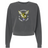The EMB S&S Activewear Hornets Rugby Club 1977 Women's Garment-Dyed Mid-Length Crewneck Sweatshirt is a heavyweight fleece in charcoal gray, featuring a hornet graphic with "Hornets Rugby Club 1977" text and a purple flower below the hornet's head.