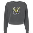 The EMB S&S Activewear Hornets Rugby Club 1977 Women's Garment-Dyed Mid-Length Crewneck Sweatshirt is a heavyweight fleece in charcoal gray, featuring a hornet graphic with "Hornets Rugby Club 1977" text and a purple flower below the hornet's head.