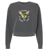 The EMB S&S Activewear Hornets Rugby Club 1977 Women's Garment-Dyed Mid-Length Crewneck Sweatshirt is a heavyweight fleece in charcoal gray, featuring a hornet graphic with "Hornets Rugby Club 1977" text and a purple flower below the hornet's head.