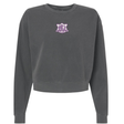 Charcoal gray garment-dyed Western Carolina University Women’s Garment-Dyed Mid-Length Crewneck Sweatshirt with a Western Carolina Rugby emblem on the chest.