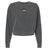 Charcoal gray heavyweight Mother Lode Women’s Garment-Dyed Mid-Length Crewneck Sweatshirt with a small “Mother Lode Rugby” emblem featuring crossed pickaxes and a rugby ball on the chest.