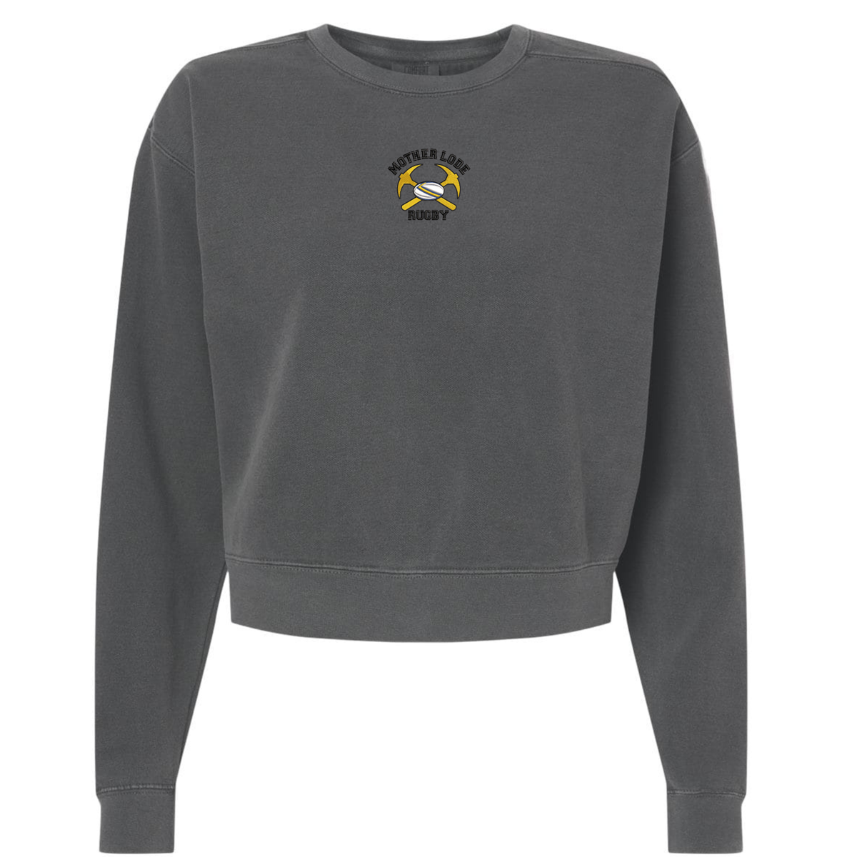 Charcoal gray heavyweight Mother Lode Women’s Garment-Dyed Mid-Length Crewneck Sweatshirt with a small “Mother Lode Rugby” emblem featuring crossed pickaxes and a rugby ball on the chest.