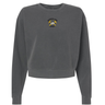 Charcoal gray heavyweight Mother Lode Women’s Garment-Dyed Mid-Length Crewneck Sweatshirt with a small “Mother Lode Rugby” emblem featuring crossed pickaxes and a rugby ball on the chest.