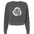 The Missoula All-Maggots Women’s Garment-Dyed Mid-Length Crewneck Sweatshirt by EMB S&S Activewear is a dark gray heavyweight fleece crewneck featuring a white spiral made of oval shapes centered on the front. This garment-dyed sweatshirt ensures both comfort and style.