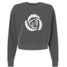The Missoula All-Maggots Women’s Garment-Dyed Mid-Length Crewneck Sweatshirt by EMB S&S Activewear is a dark gray heavyweight fleece crewneck featuring a white spiral made of oval shapes centered on the front. This garment-dyed sweatshirt ensures both comfort and style.