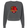 The EMB S&S Activewear Godzilla Rugby Football Club Women’s Garment-Dyed Mid-Length Crewneck Sweatshirt is a dark gray, cropped sweatshirt featuring a red and gold “Godzilla Rugby Football Club” logo with a stylized dragon on the front.