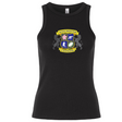 The EMB S&S Activewear Winchester Cannons Women's Baby Rib Tank is a classic black tank featuring a vibrant "Winchester Cannons" crest with sports and floral icons, plus twin lion silhouettes in the background.