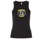 The EMB S&S Activewear Winchester Cannons Women's Baby Rib Tank is a classic black tank featuring a vibrant "Winchester Cannons" crest with sports and floral icons, plus twin lion silhouettes in the background.