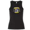 The EMB S&S Activewear Winchester Cannons Women's Baby Rib Tank is a classic black tank featuring a vibrant "Winchester Cannons" crest with sports and floral icons, plus twin lion silhouettes in the background.