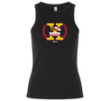 The Potomac Exiles Rugby Club Women's Baby Rib Tank by EMB S&S Activewear is a black stretch-fit top featuring a 2014 design with Maryland and DC flag elements inside a large "X" and laurel wreath on the chest, offering classic style and comfort.