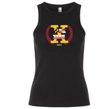 The Potomac Exiles Rugby Club Women's Baby Rib Tank by EMB S&S Activewear is a black stretch-fit top featuring a 2014 design with Maryland and DC flag elements inside a large "X" and laurel wreath on the chest, offering classic style and comfort.