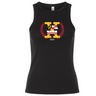 The Potomac Exiles Rugby Club Women's Baby Rib Tank by EMB S&S Activewear is a black stretch-fit top featuring a 2014 design with Maryland and DC flag elements inside a large "X" and laurel wreath on the chest, offering classic style and comfort.