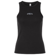 The South Orange County Raptors Women’s Baby Rib Tank by EMB S&S Activewear features a black stretch-fit design with a high neckline and small white “Raptors Rugby” text on the chest. It is shown against a plain white background.