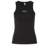 The South Orange County Raptors Women’s Baby Rib Tank by EMB S&S Activewear features a black stretch-fit design with a high neckline and small white “Raptors Rugby” text on the chest. It is shown against a plain white background.