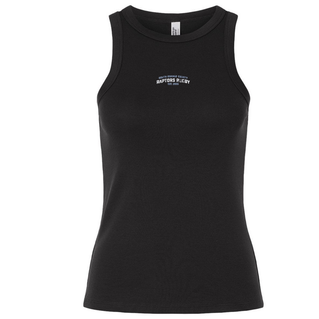 The South Orange County Raptors Women’s Baby Rib Tank by EMB S&S Activewear features a black stretch-fit design with a high neckline and small white “Raptors Rugby” text on the chest. It is shown against a plain white background.