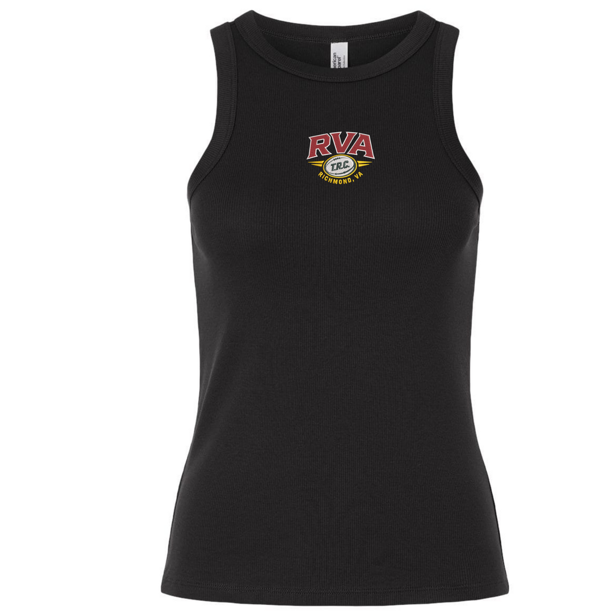 The EMB S&S Activewear RVA T.R.C. Women’s Baby Rib Tank is a black, sleeveless stretch-fit top featuring “RVA” and “RICHMOND” text above a yellow basketball graphic printed on the front center, delivering a classic style ideal for any fan.