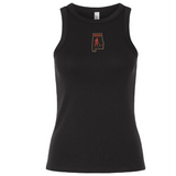 Aging Alabama Rugby Players Women’s Baby Rib Tank in black featuring an embroidered Alabama state outline with a figure holding a hockey stick and the text “MHS.”.
