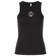 Black ICRON Women’s Baby Rib Tank with a stretch-fit, featuring a chest shield logo with a football icon and the text “ICRON.”