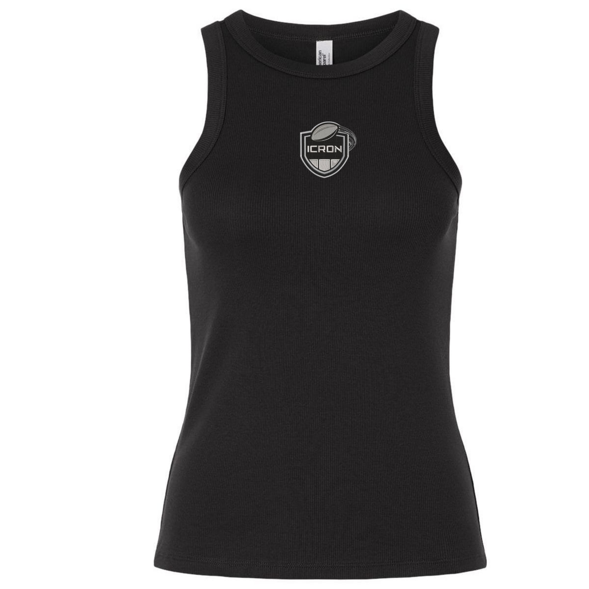 Black ICRON Women’s Baby Rib Tank with a stretch-fit, featuring a chest shield logo with a football icon and the text “ICRON.”