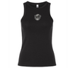 Black ICRON Women’s Baby Rib Tank with a stretch-fit, featuring a chest shield logo with a football icon and the text “ICRON.”