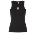 Legion Academy Women’s Baby Rib Tank in black, featuring a ribbed stretch-fit design and a red and white “Legion SD Academy” shield logo on the center chest.