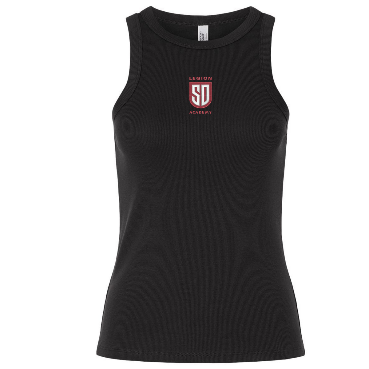 Legion Academy Women’s Baby Rib Tank in black, featuring a ribbed stretch-fit design and a red and white “Legion SD Academy” shield logo on the center chest.