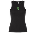 Black ribbed stretch-fit Rock Rugby Women’s Baby Rib Tank with a high neckline and a green “Rock Rugby Lions” graphic on the chest.