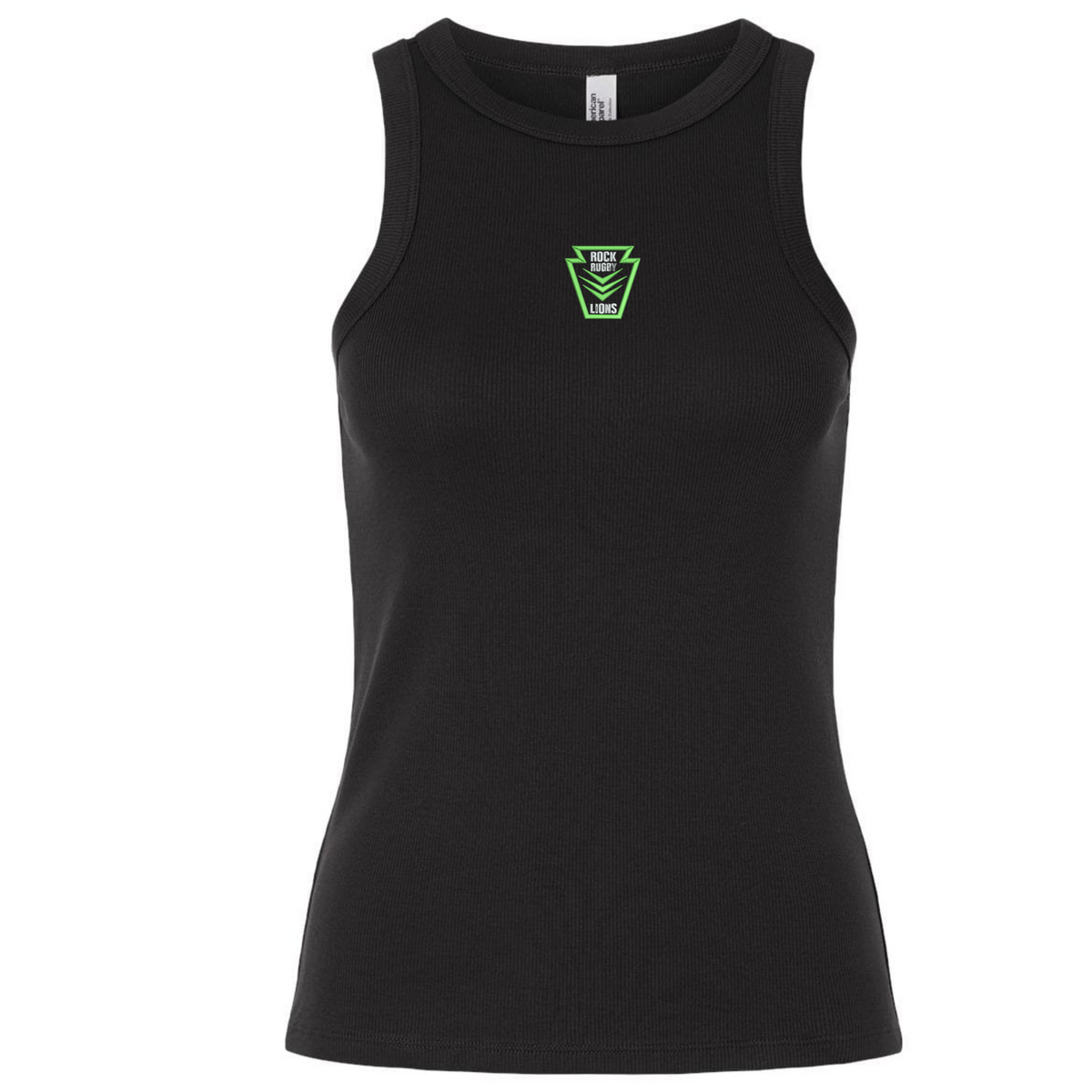 Black ribbed stretch-fit Rock Rugby Women’s Baby Rib Tank with a high neckline and a green “Rock Rugby Lions” graphic on the chest.