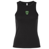 Black ribbed stretch-fit Rock Rugby Women’s Baby Rib Tank with a high neckline and a green “Rock Rugby Lions” graphic on the chest.