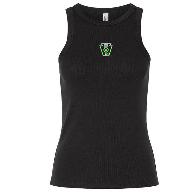Black ribbed stretch-fit Rock Rugby Women’s Baby Rib Tank with a high neckline and a green “Rock Rugby Lions” graphic on the chest.