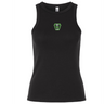 Black ribbed stretch-fit Rock Rugby Women’s Baby Rib Tank with a high neckline and a green “Rock Rugby Lions” graphic on the chest.