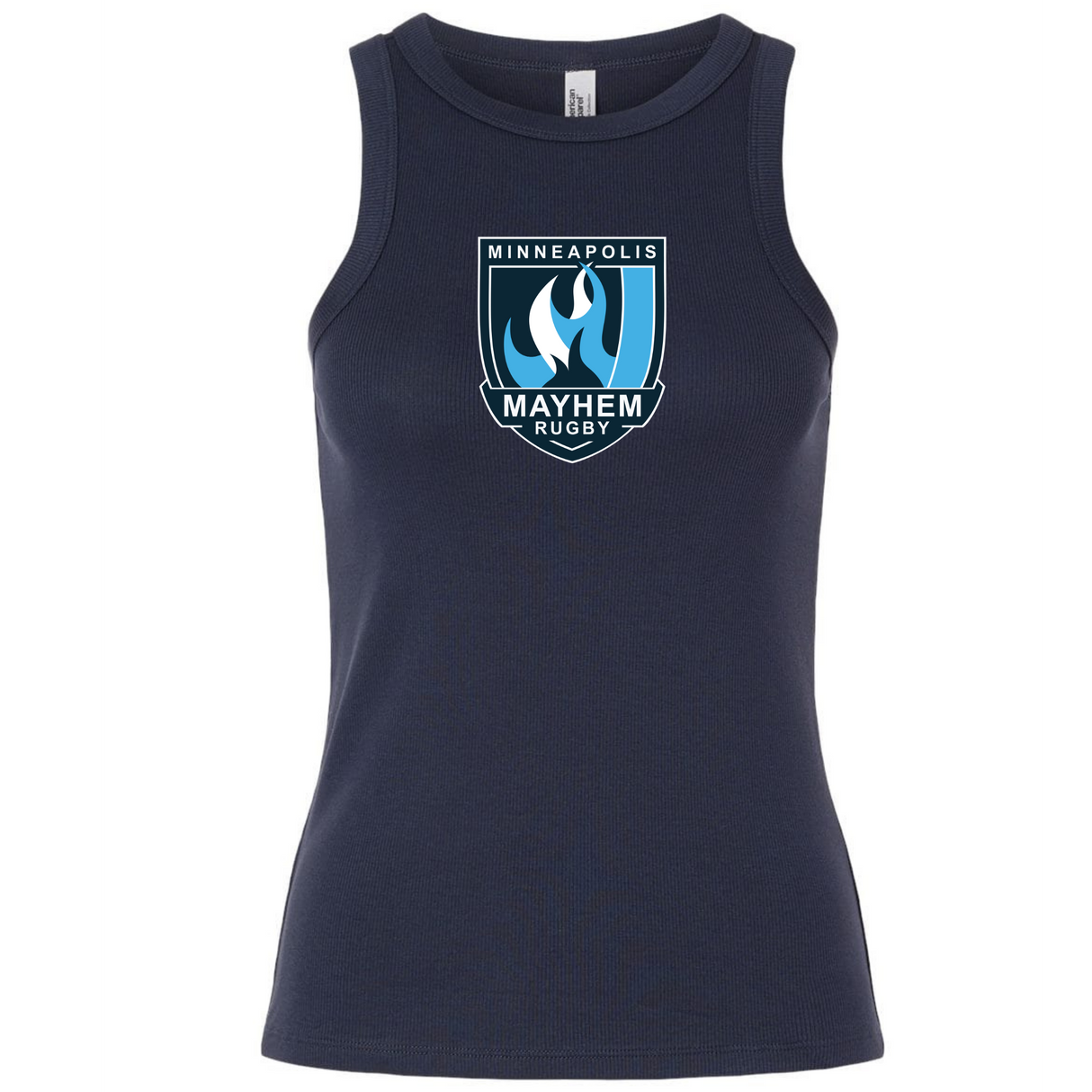 The EMB S&S Activewear Minneapolis Mayhem Rugby Women’s Baby Rib Tank is a navy blue sleeveless top featuring the Minneapolis Mayhem Rugby logo in white, blue, and black on the chest.