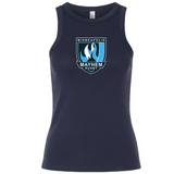 The EMB S&S Activewear Minneapolis Mayhem Rugby Women’s Baby Rib Tank is a navy blue sleeveless top featuring the Minneapolis Mayhem Rugby logo in white, blue, and black on the chest.