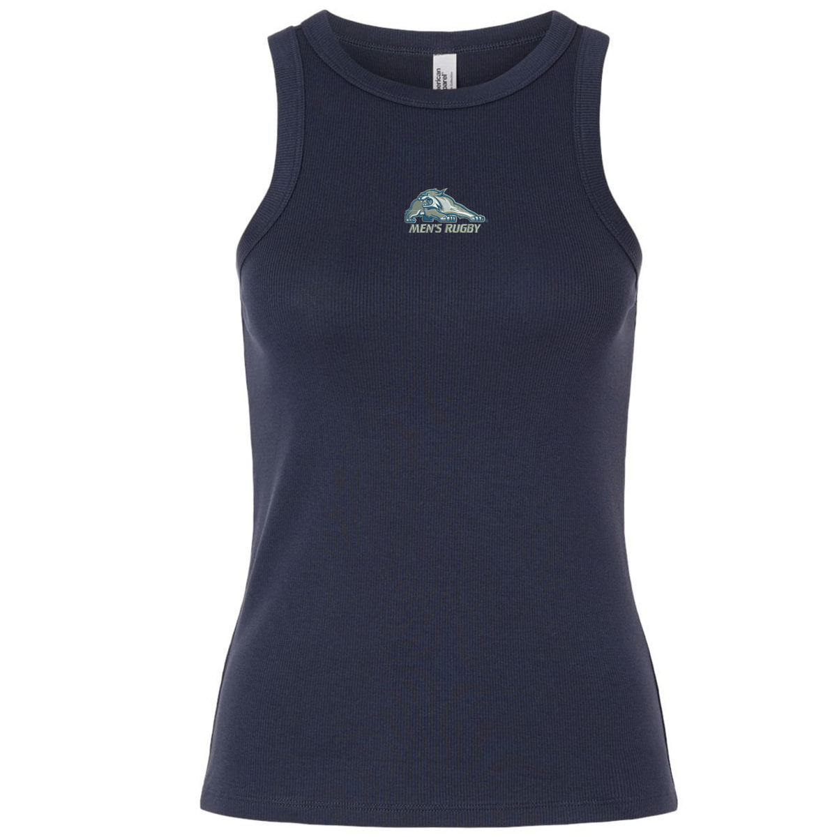 Dark navy University of New Hampshire Women’s Baby Rib Tank featuring a small “Men’s Rugby” graphic and wildcat logo on the chest.