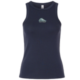 Dark navy University of New Hampshire Women’s Baby Rib Tank featuring a small “Men’s Rugby” graphic and wildcat logo on the chest.